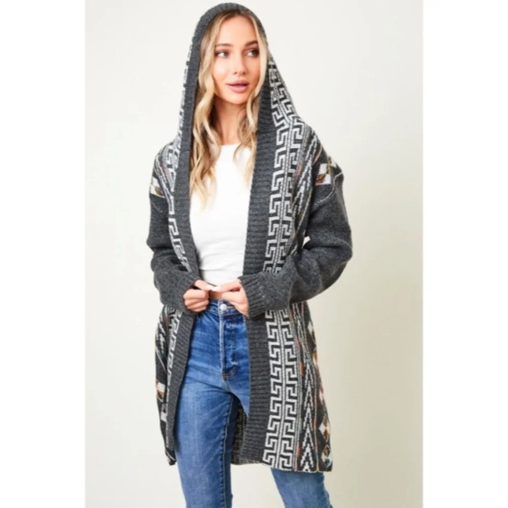 SOLD OUT Gray Native Cowichan Aztec Hooded Cardigan Sweater - Picture 3 of 10